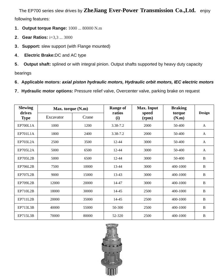 EP700 slewing drive dimension and parameter view